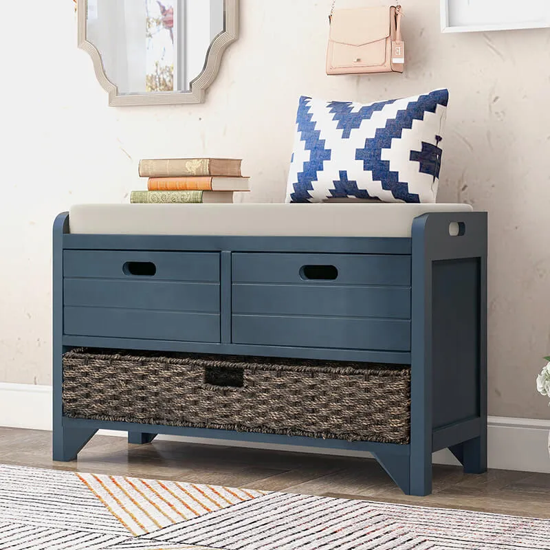 32" Navy Blue Entryway Storage Bench with Removable Basket and 2 Drawers
