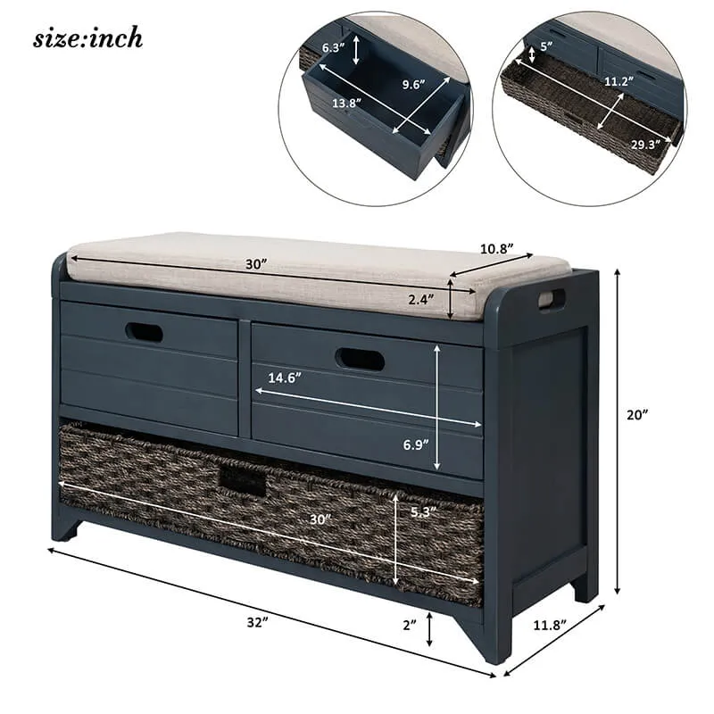 32" Navy Blue Entryway Storage Bench with Removable Basket and 2 Drawers
