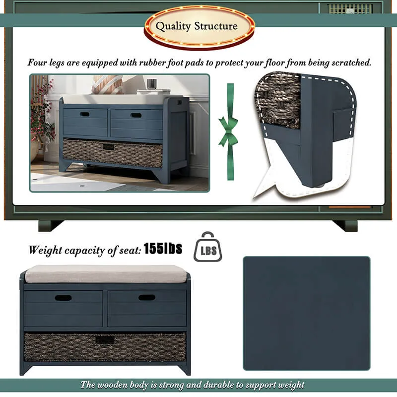 32" Navy Blue Entryway Storage Bench with Removable Basket and 2 Drawers