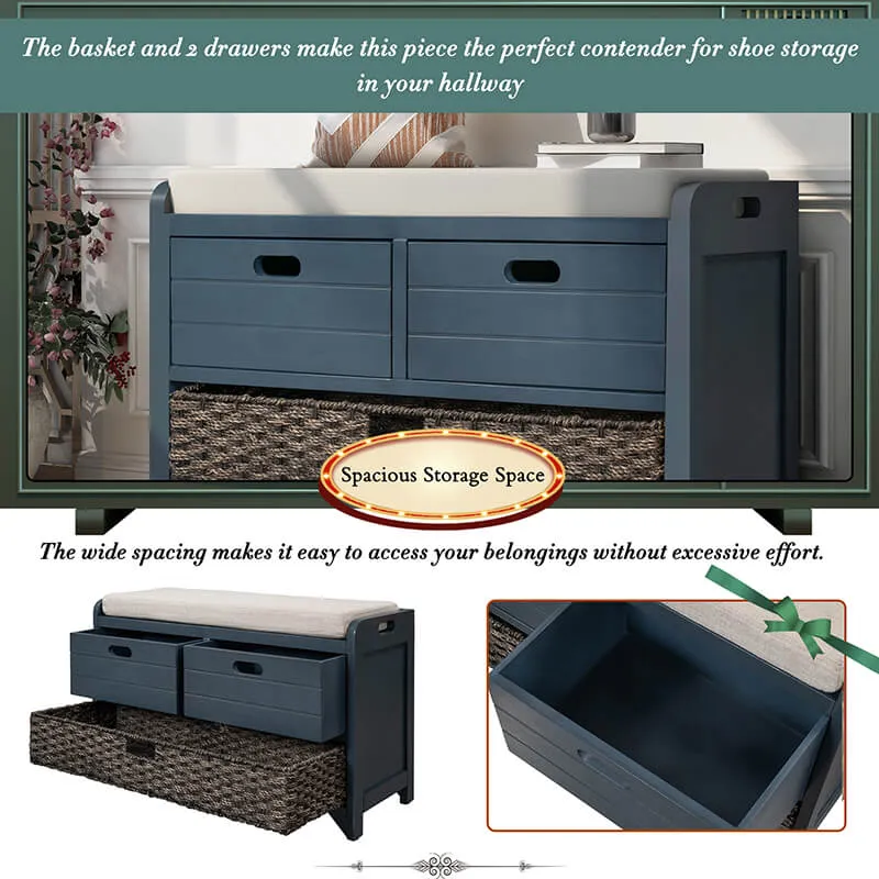 32" Navy Blue Entryway Storage Bench with Removable Basket and 2 Drawers
