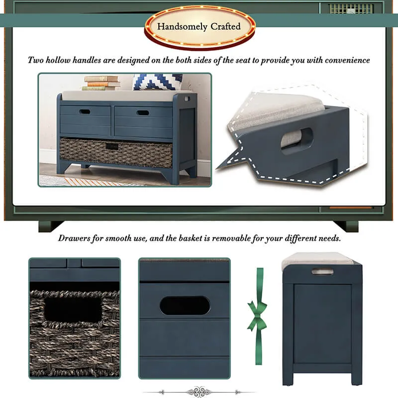 32" Navy Blue Entryway Storage Bench with Removable Basket and 2 Drawers
