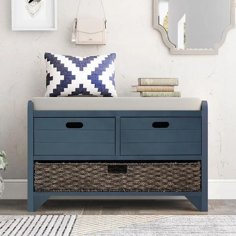 32" Navy Blue Entryway Storage Bench with Removable Basket and 2 Drawers