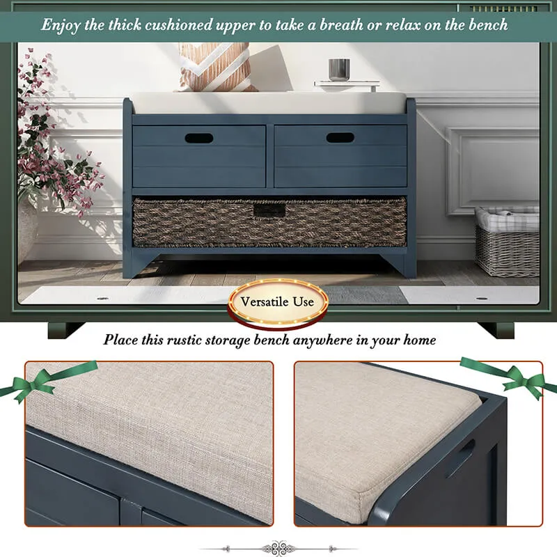 32" Navy Blue Entryway Storage Bench with Removable Basket and 2 Drawers