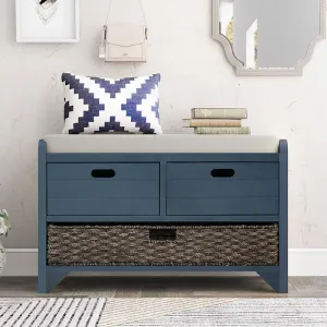 32" Navy Blue Entryway Storage Bench with Removable Basket and 2 Drawers