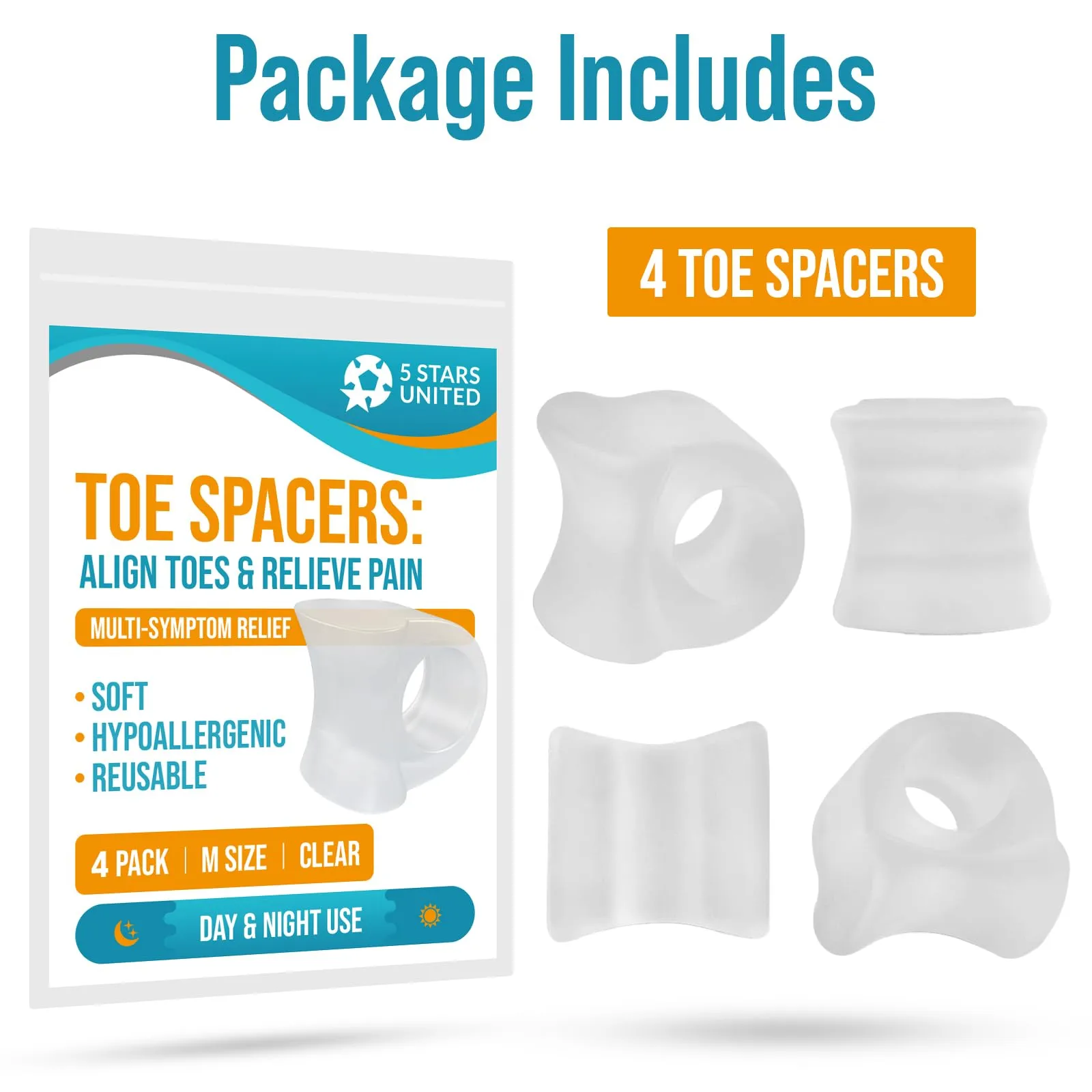 5 STARS UNITED Toe Spacers for Men and Women – 4 Gel Toe Separators for Curled and Overlapping Toes, Bunions, Hammer Toe Straightener, Big and Second Toe Spreader - Clear Big 4 Pack Clear