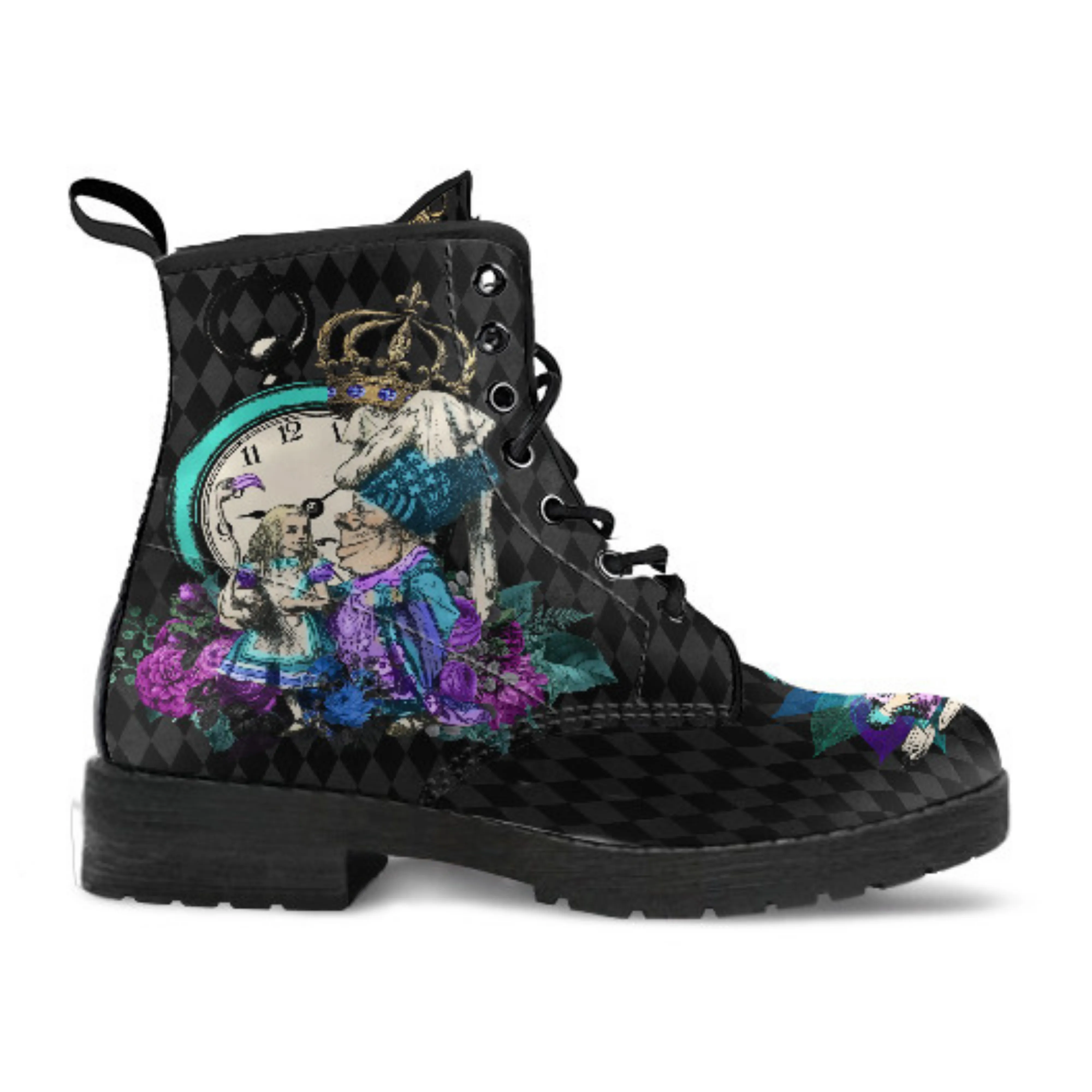 Alice in Wonderland Gifts #24 Purple Series | Combat Boots, Women's Black Hipster Boots, Vegan Leather Lace Up Boots, Handmade Lace Up Boots, Custom Shoes