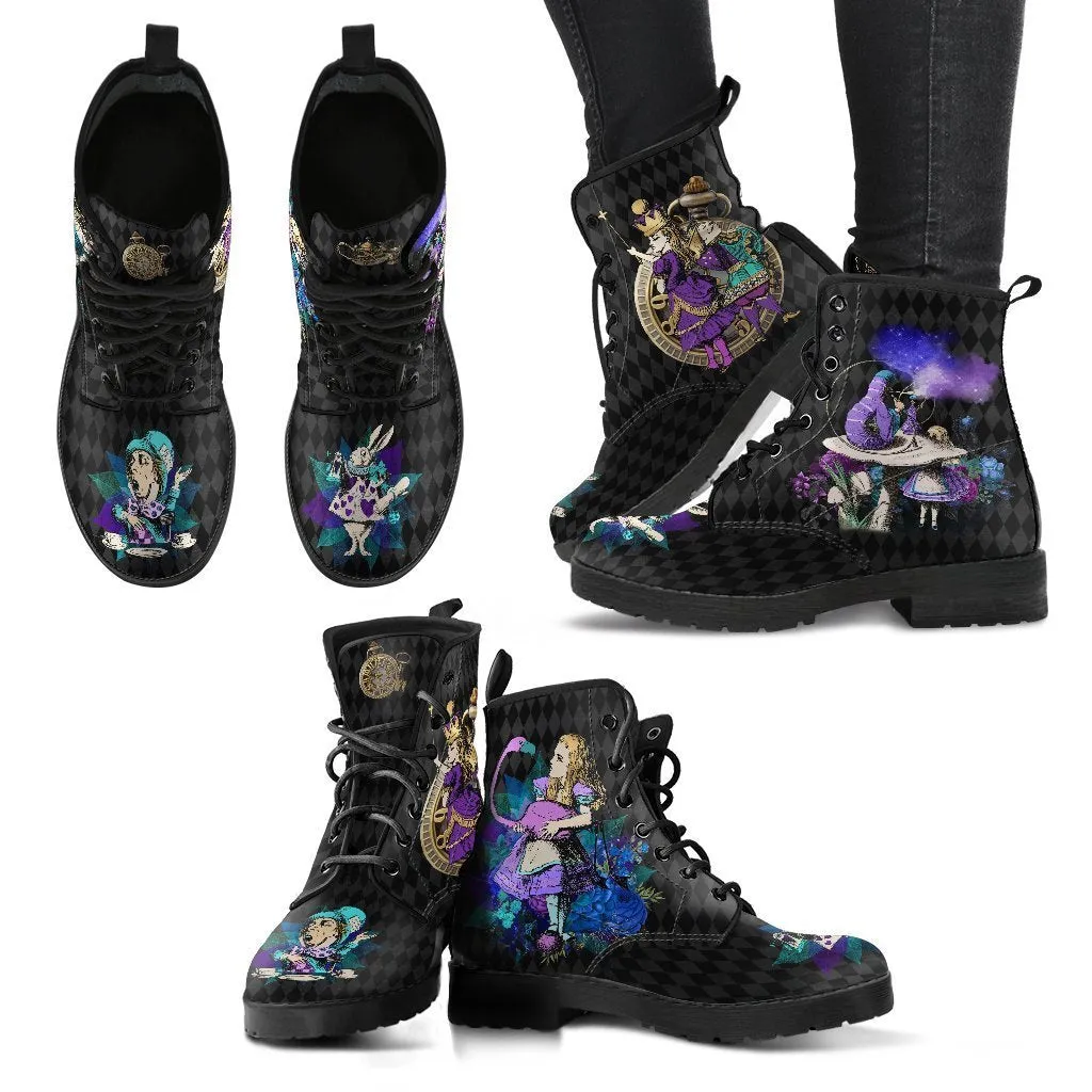 Alice in Wonderland Gifts #24 Purple Series | Combat Boots, Women's Black Hipster Boots, Vegan Leather Lace Up Boots, Handmade Lace Up Boots, Custom Shoes