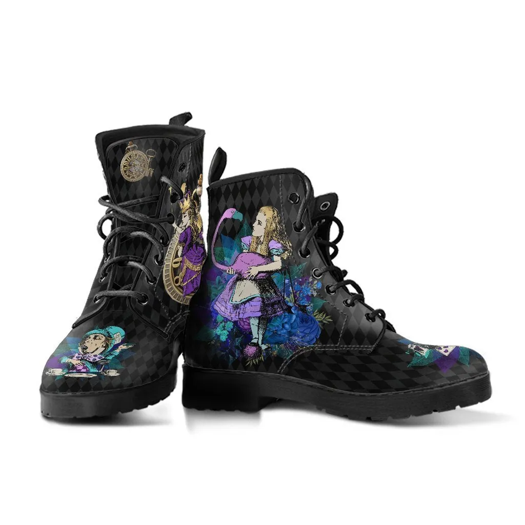 Alice in Wonderland Gifts #24 Purple Series | Combat Boots, Women's Black Hipster Boots, Vegan Leather Lace Up Boots, Handmade Lace Up Boots, Custom Shoes