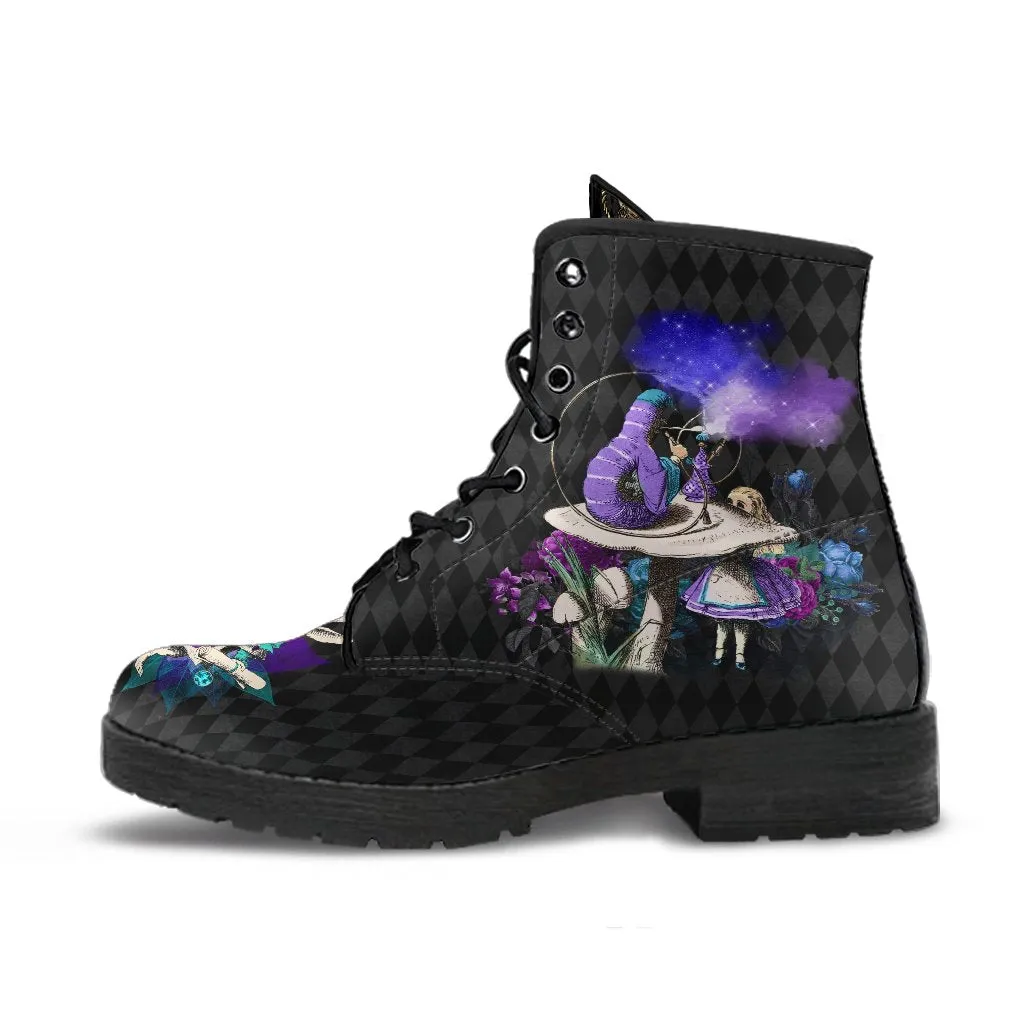 Alice in Wonderland Gifts #24 Purple Series | Combat Boots, Women's Black Hipster Boots, Vegan Leather Lace Up Boots, Handmade Lace Up Boots, Custom Shoes