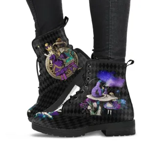 Alice in Wonderland Gifts #24 Purple Series | Combat Boots, Women's Black Hipster Boots, Vegan Leather Lace Up Boots, Handmade Lace Up Boots, Custom Shoes