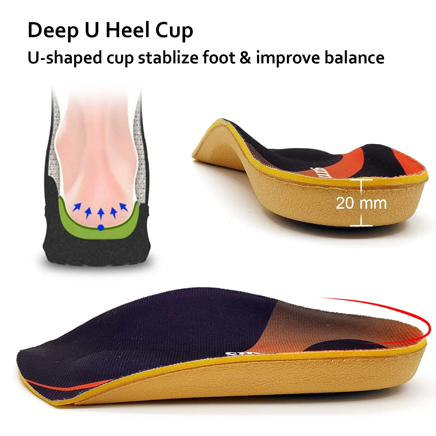 Arch Support, RooRuns 3/4 Orthotic Shoe Inserts for Over-Pronation, Plantar Fasciitis, Heel Pain Relief, High Arch Support Insoles for Men and Women for Running Walking M (Men's7-10.5, Women's8-11.5)