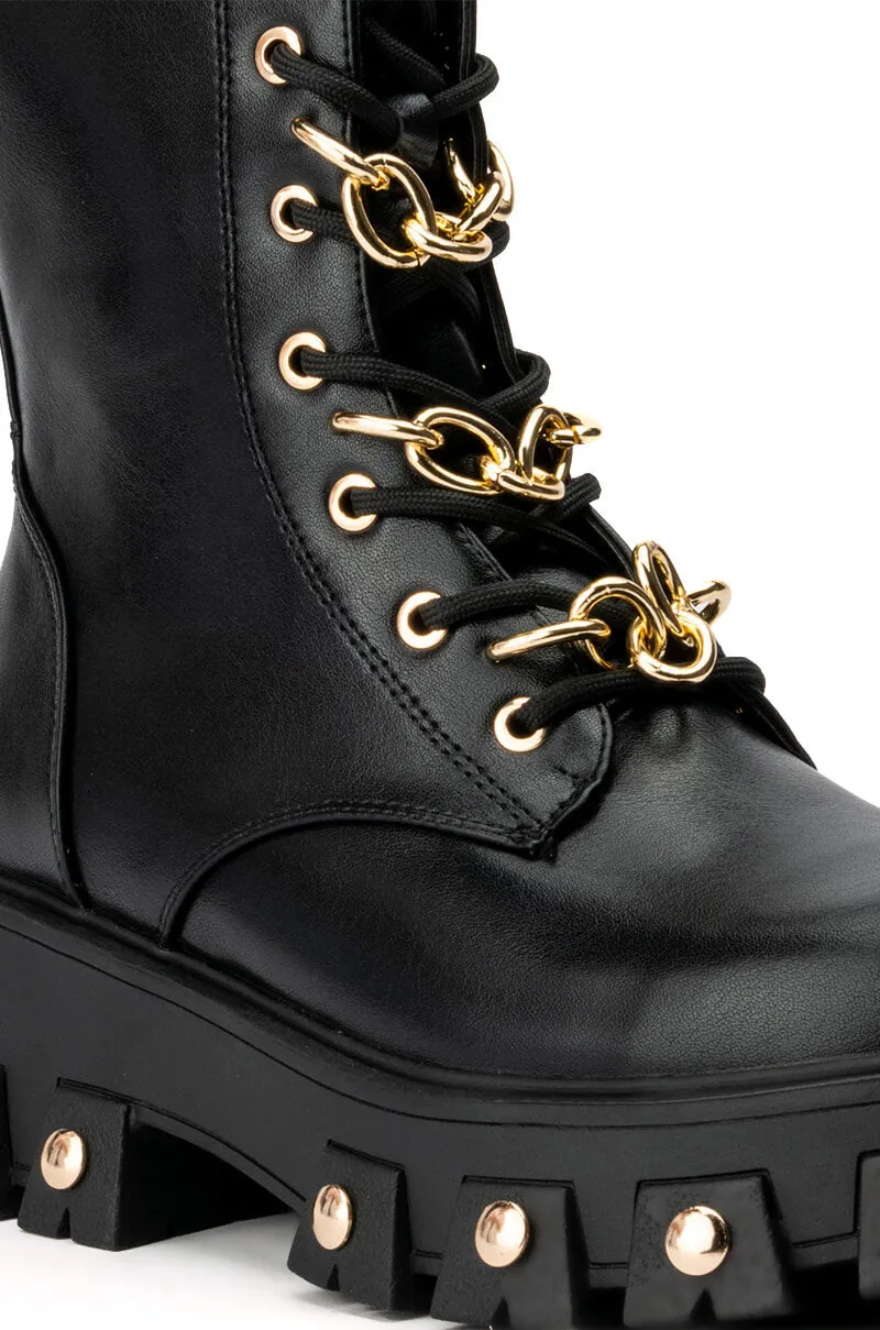 AZALEA WANG MARIE CHAIN LACE UP FLATFORM BOOTIE IN BLACK