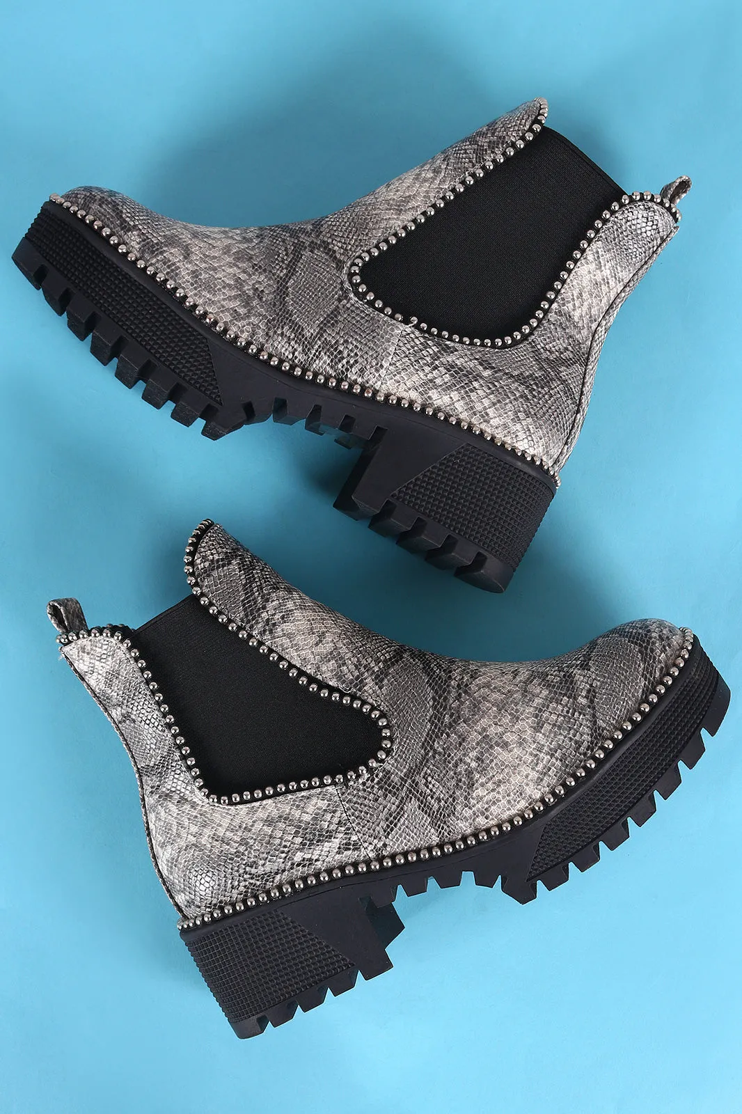 Beaded Trim Lug Sole Flatform Gore Ankle Booties