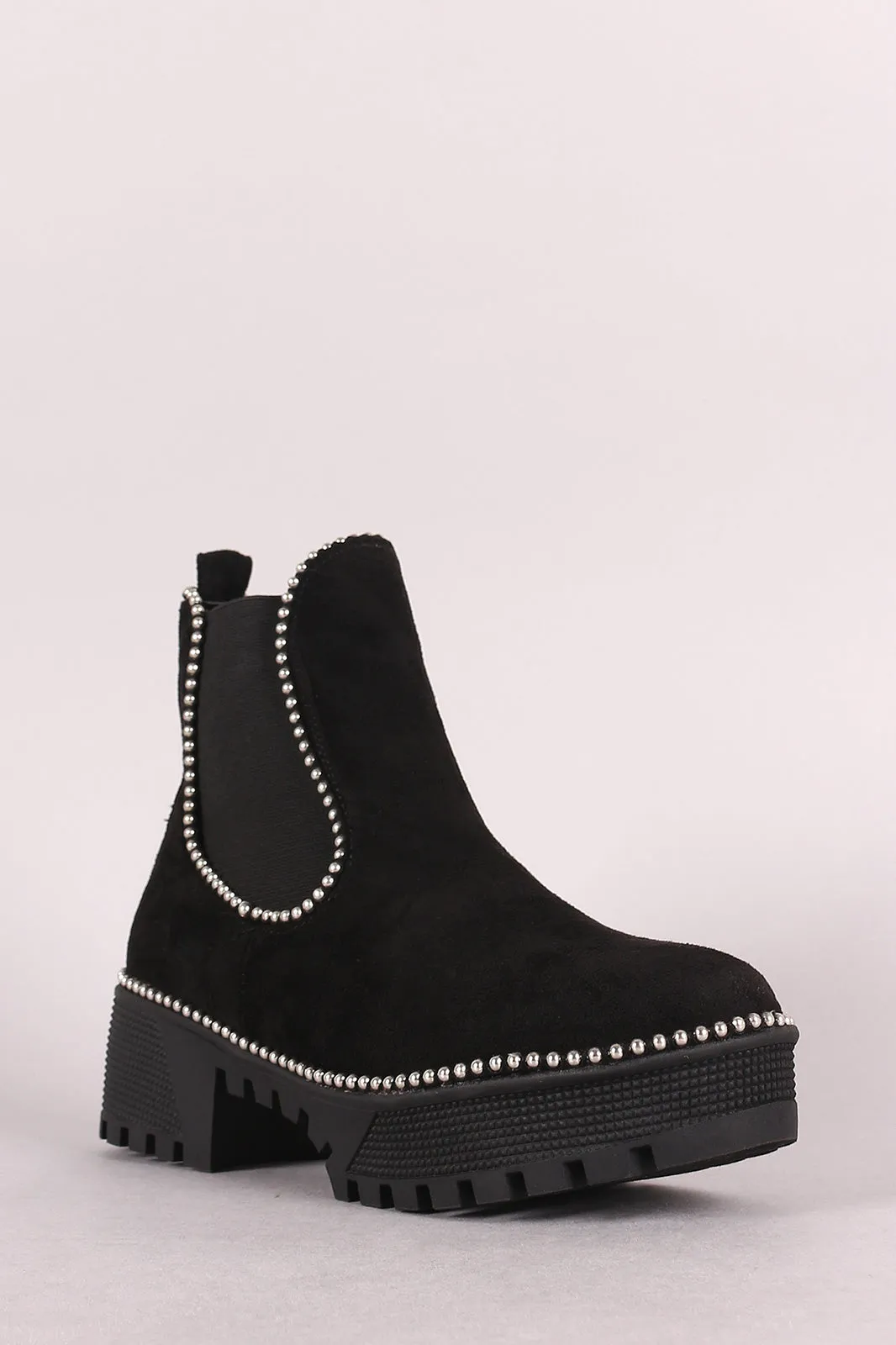 Beaded Trim Lug Sole Flatform Gore Ankle Booties