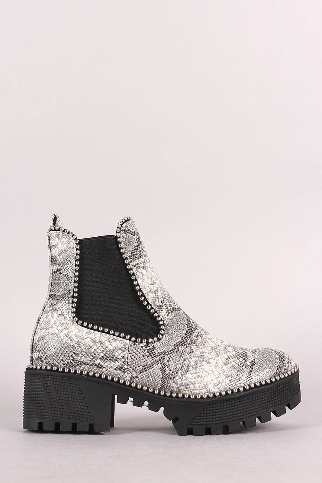 Beaded Trim Lug Sole Flatform Gore Ankle Booties