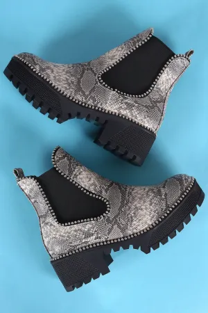 Beaded Trim Lug Sole Flatform Gore Ankle Booties
