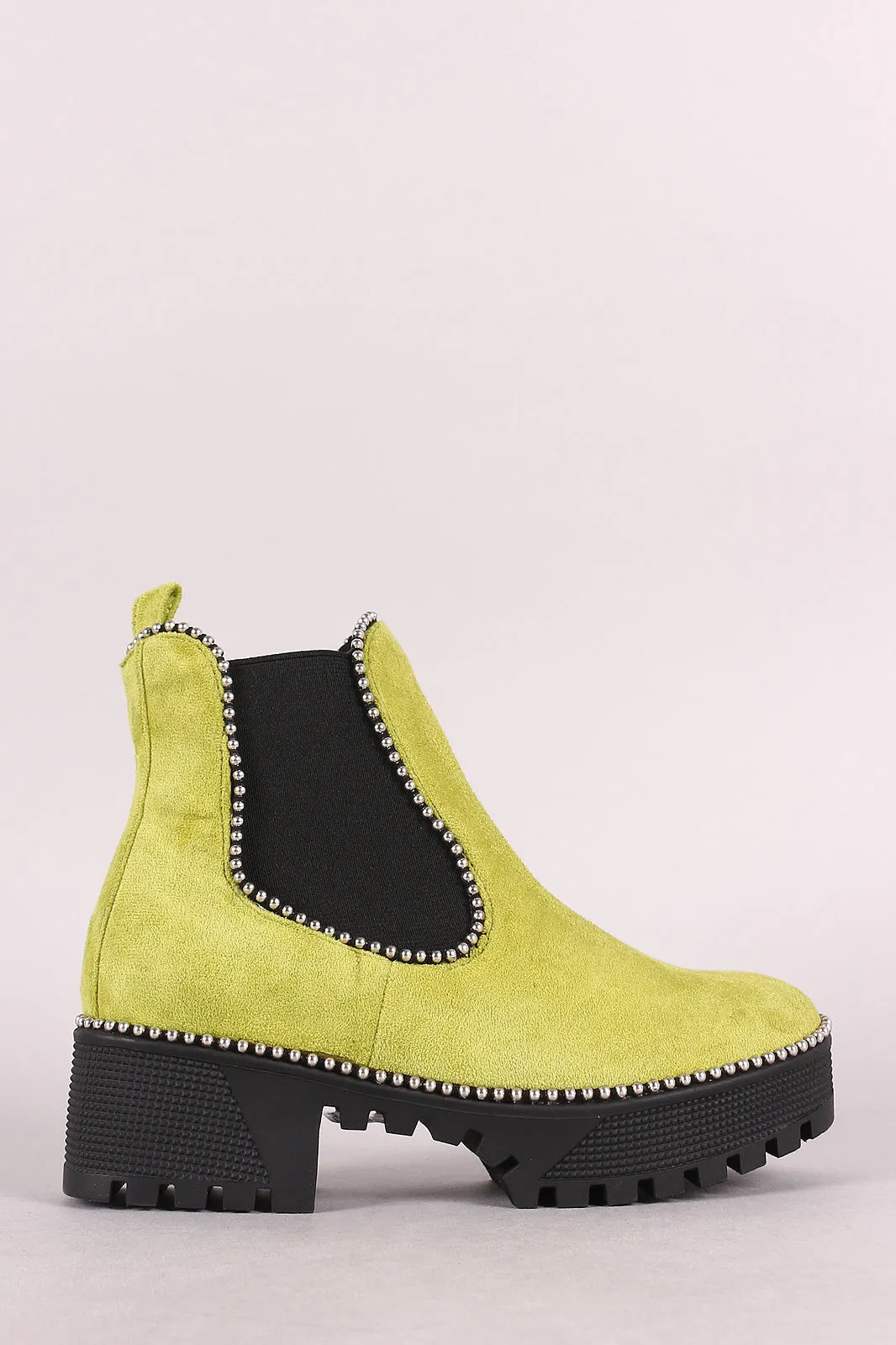 Beaded Trim Lug Sole Flatform Gore Ankle Booties