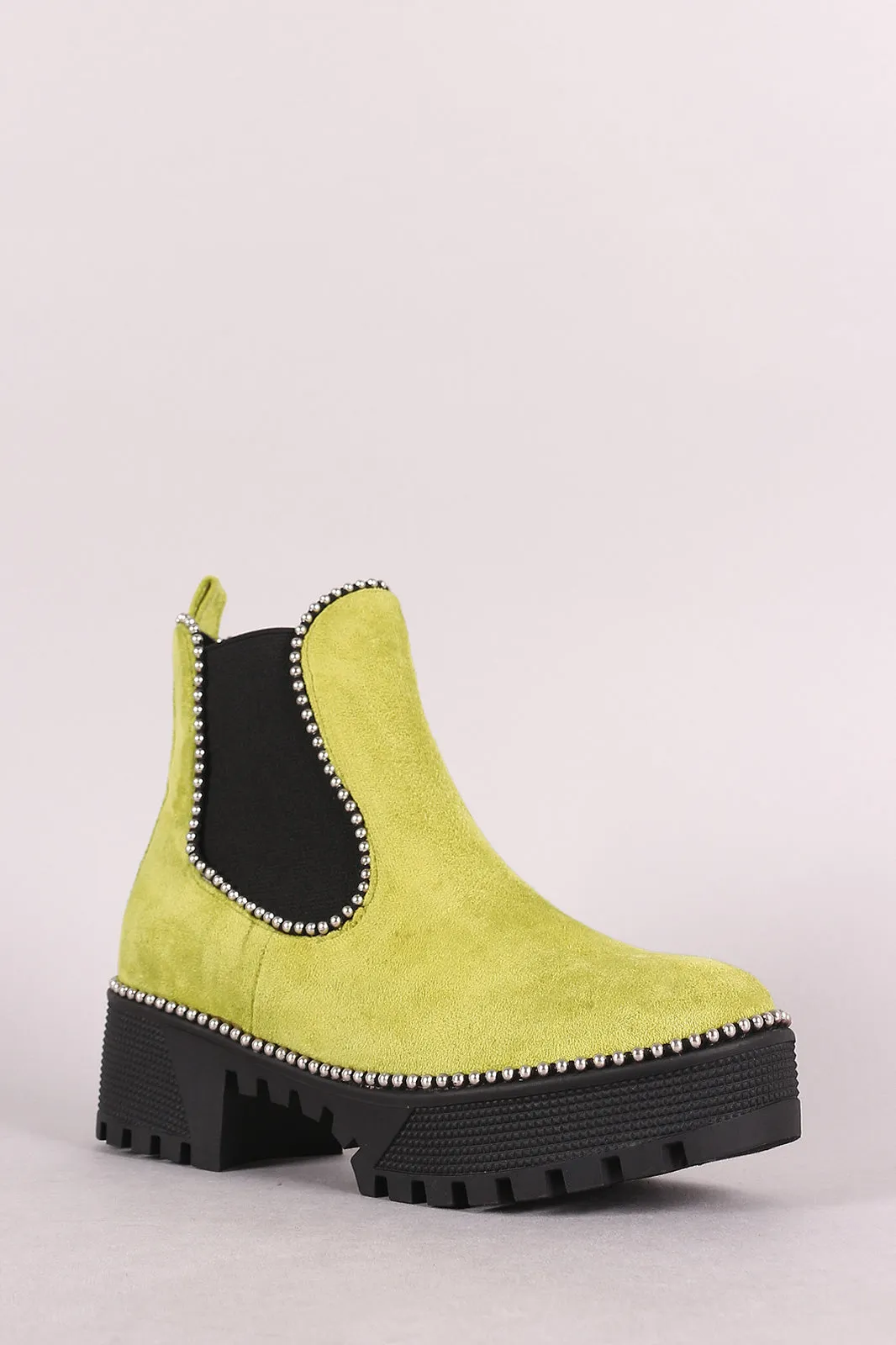 Beaded Trim Lug Sole Flatform Gore Ankle Booties