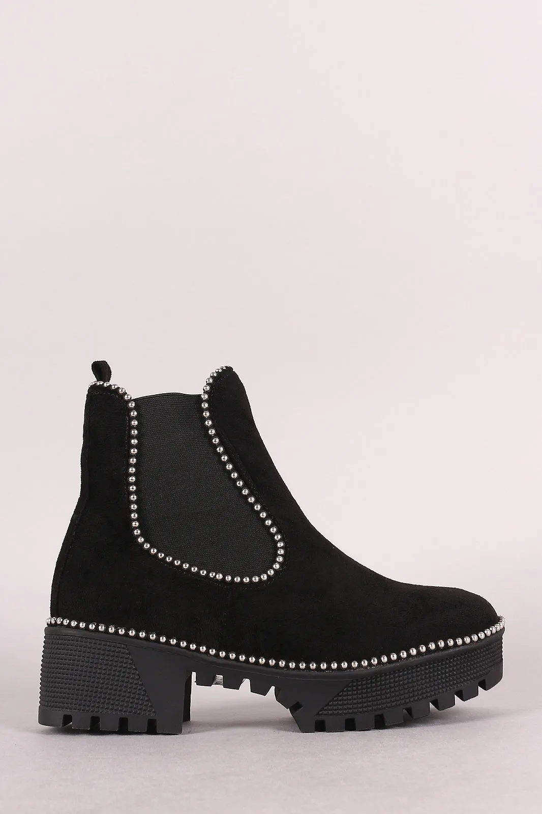 Beaded Trim Lug Sole Flatform Gore Ankle Booties