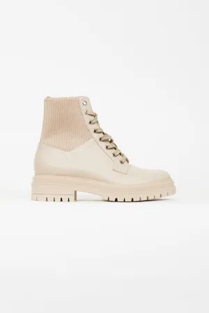 Beige Leather Combat Ankle Boot