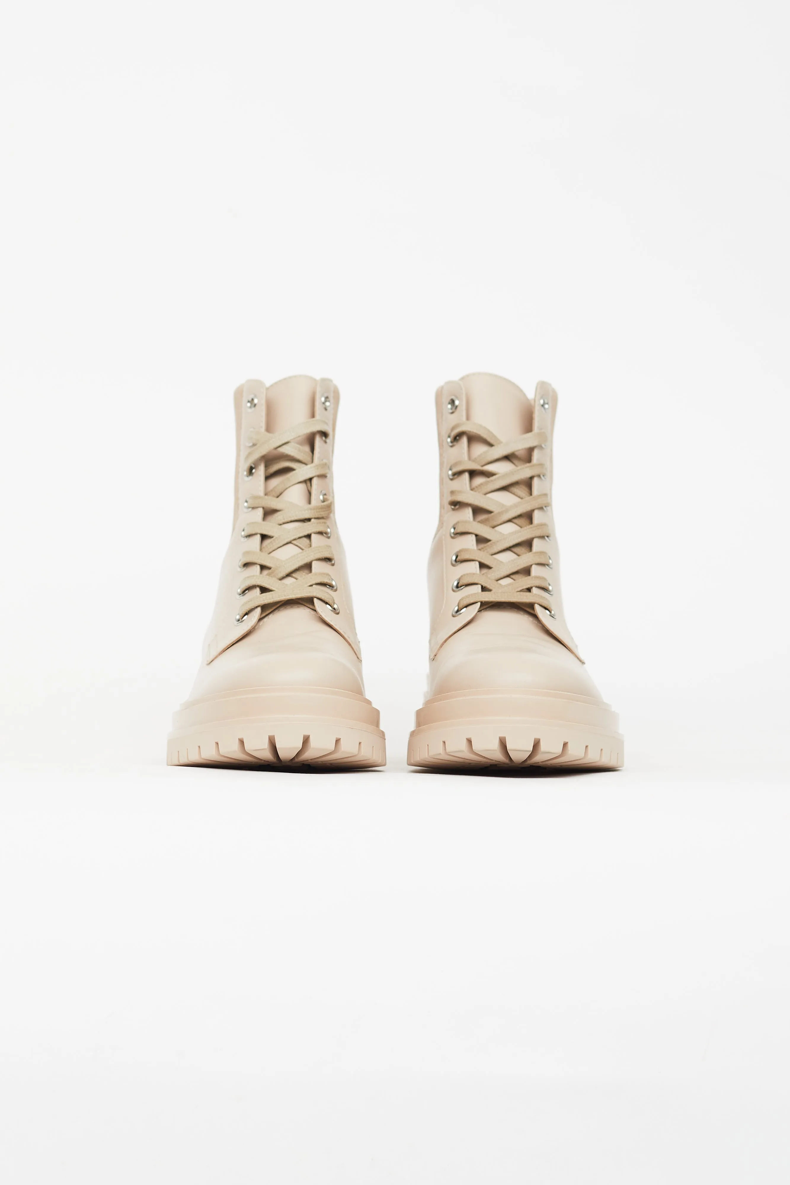 Beige Leather Combat Ankle Boot