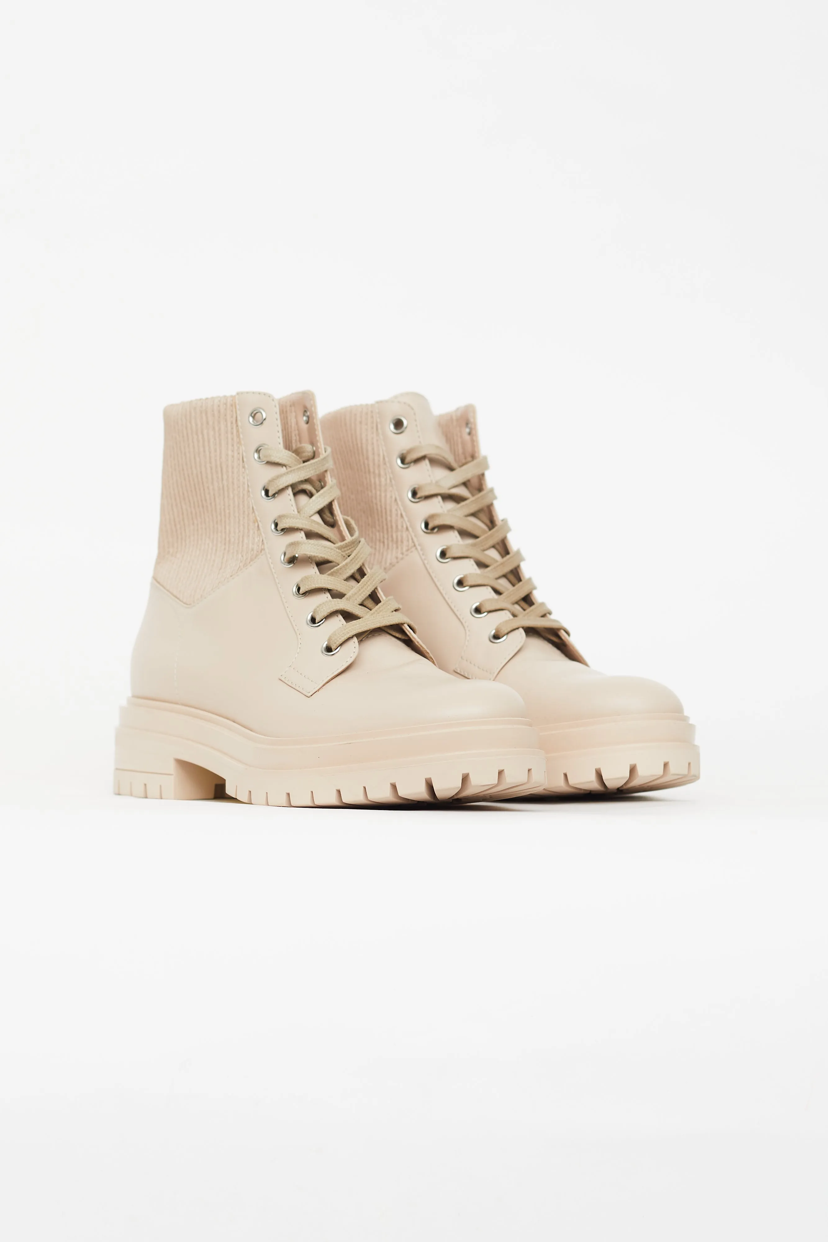 Beige Leather Combat Ankle Boot