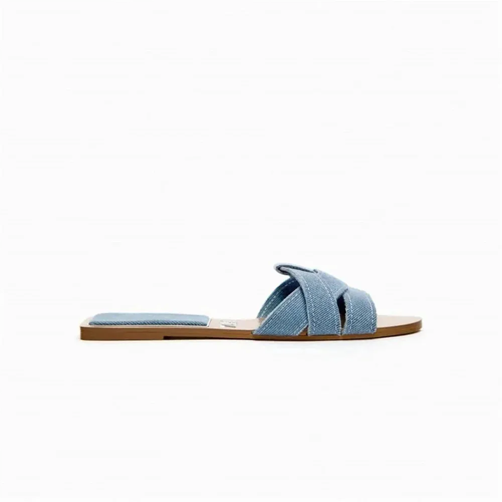 binfenxie  -  Fashion Women Flat Sandals 2024 Summer Beach Style Blue Denim Shoes Casual Round Toes Flip Flops Woman Comfortable Slippers