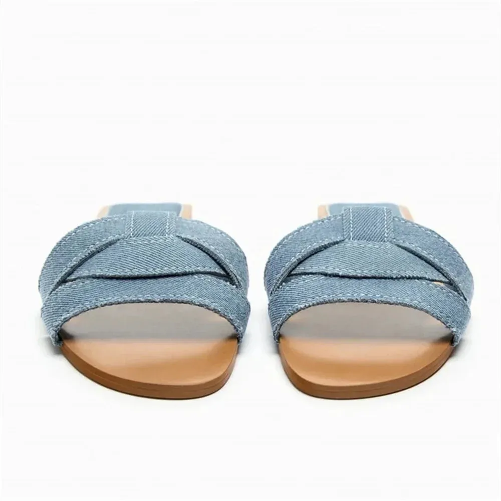 binfenxie  -  Fashion Women Flat Sandals 2024 Summer Beach Style Blue Denim Shoes Casual Round Toes Flip Flops Woman Comfortable Slippers