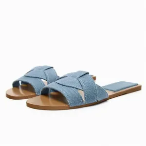 binfenxie  -  Fashion Women Flat Sandals 2024 Summer Beach Style Blue Denim Shoes Casual Round Toes Flip Flops Woman Comfortable Slippers