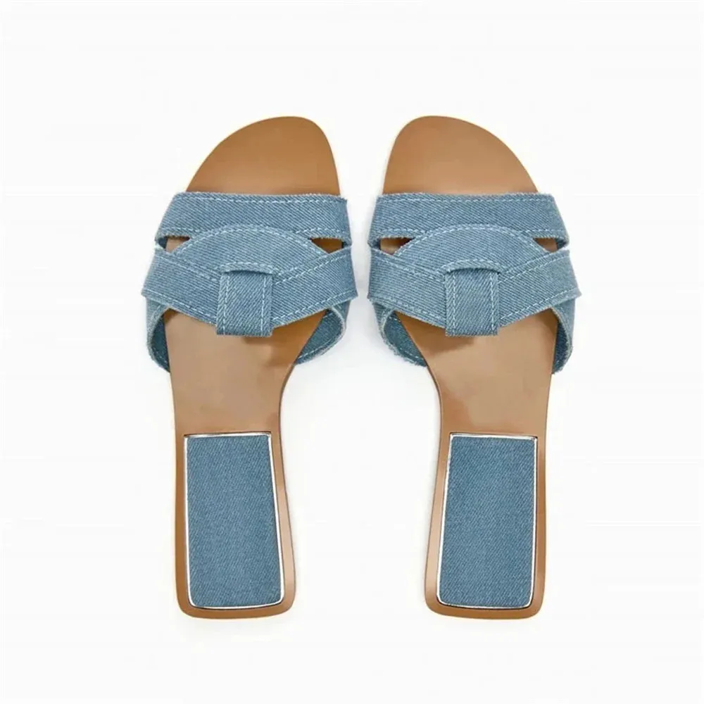 binfenxie  -  Fashion Women Flat Sandals 2024 Summer Beach Style Blue Denim Shoes Casual Round Toes Flip Flops Woman Comfortable Slippers