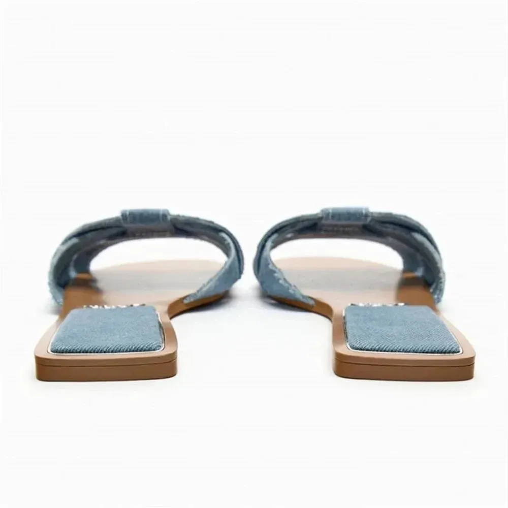 binfenxie  -  Fashion Women Flat Sandals 2024 Summer Beach Style Blue Denim Shoes Casual Round Toes Flip Flops Woman Comfortable Slippers