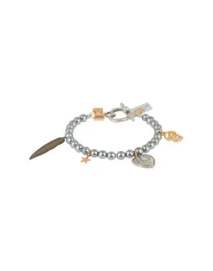Black Pearls Beaded Bracelet With Silver and Rose Gold Plated Charms. Italian Bracelet, Jewelry Design Made in Italy.