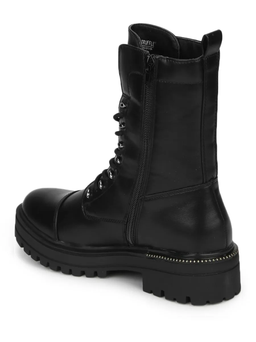Black PU Combat Lace Up Ankle Boots