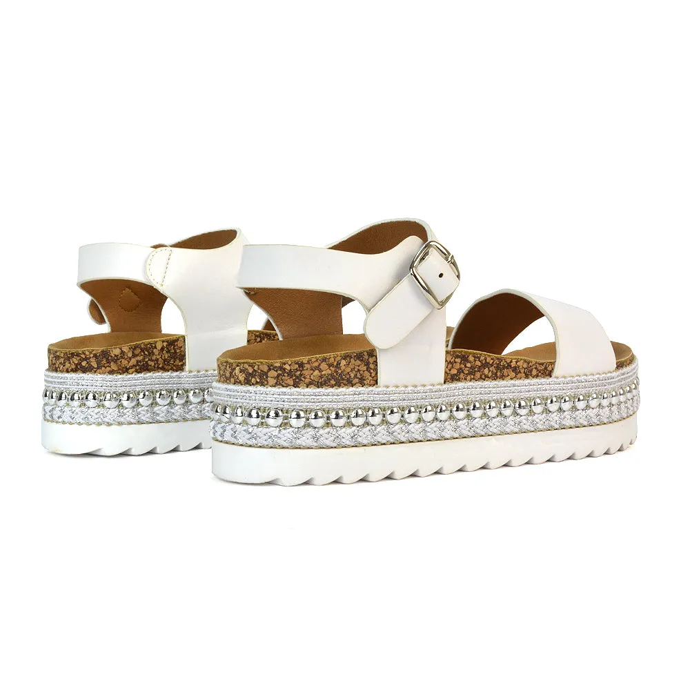 Bonnie Strappy Flat Sandals Chunky Flatform Wedges in Black