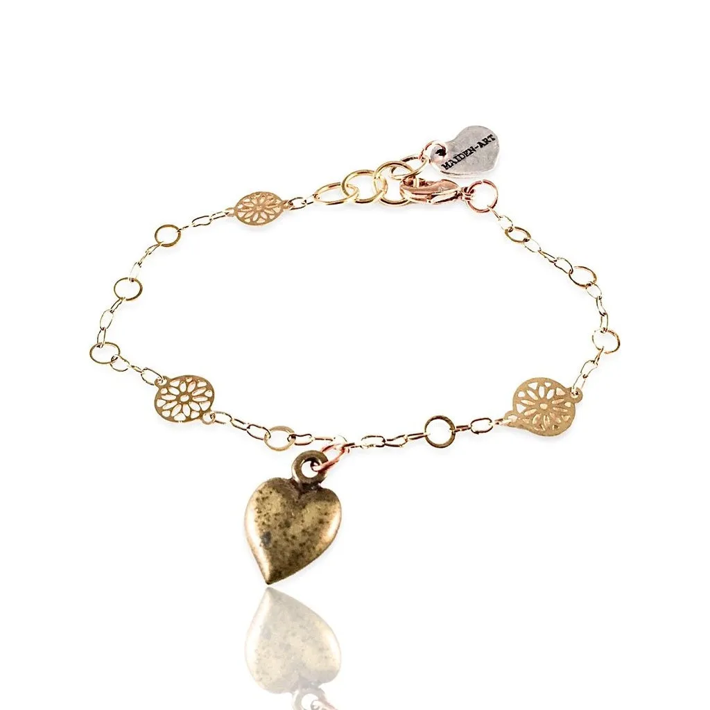 Bronze Heart Charm Bracelet and 18kt Gold Plated Flower Chain.
