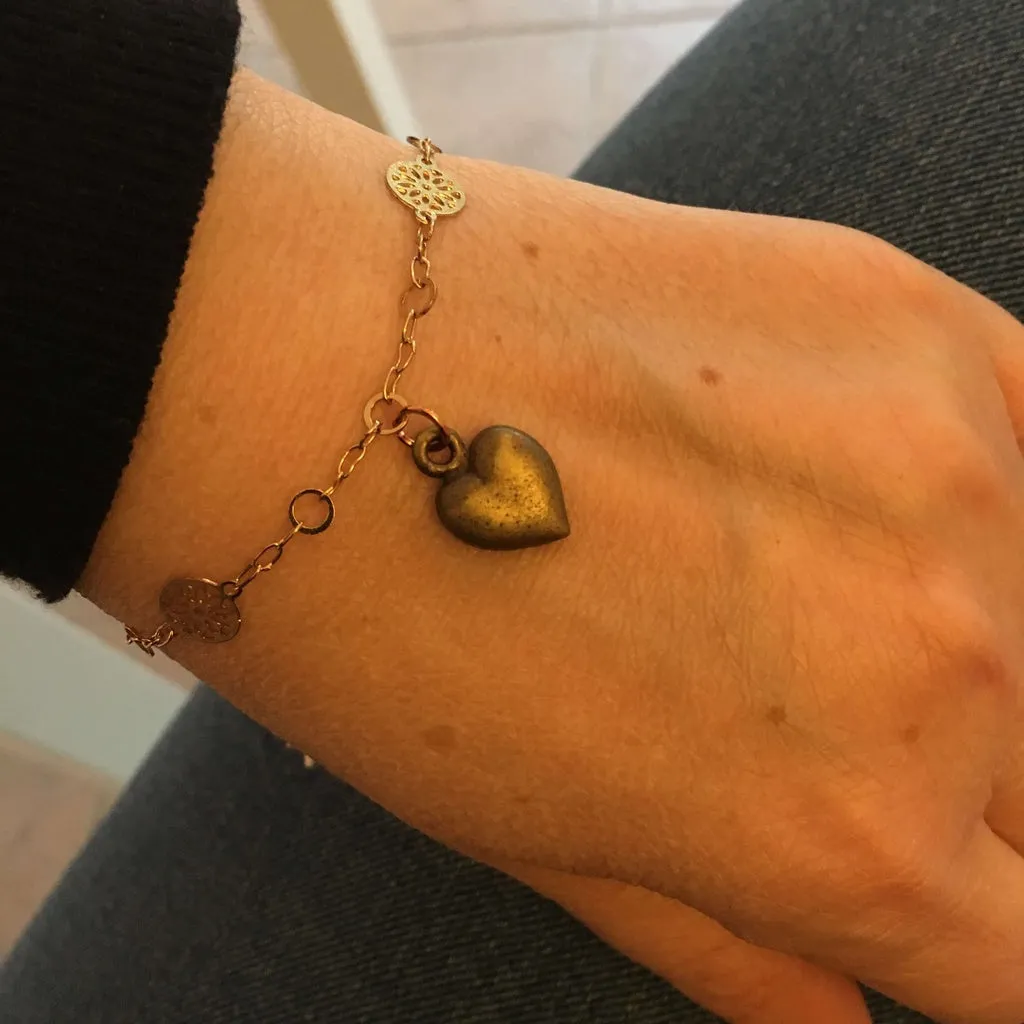 Bronze Heart Charm Bracelet and 18kt Gold Plated Flower Chain.