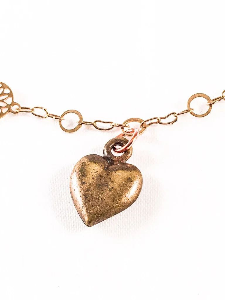 Bronze Heart Charm Bracelet and 18kt Gold Plated Flower Chain.