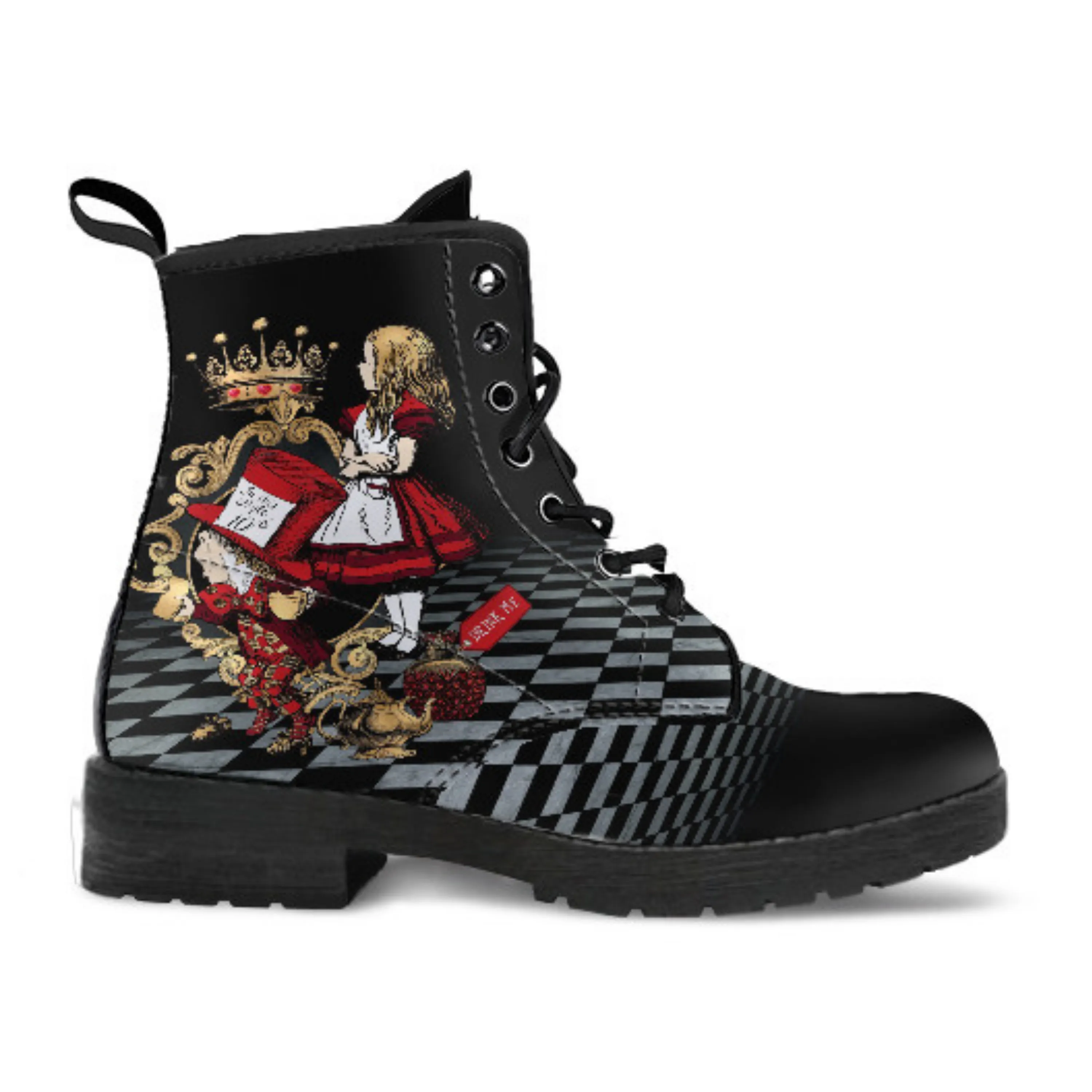 Combat Boots - Alice in Wonderland Gifts #110 Red Series, Birthday Gifts, Gift Idea, Women's Boots, Custom Shoes Boho, Aesthetic Shoes