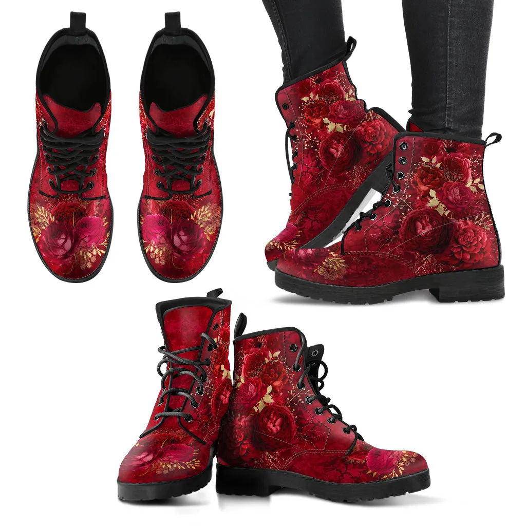 Combat Boots - Beautiful Flowers #113 Grunge Red | Cute Aesthetic Custom Shoes for Women, Wedding Bride Shoes, 90s Boots, Vegan Leather
