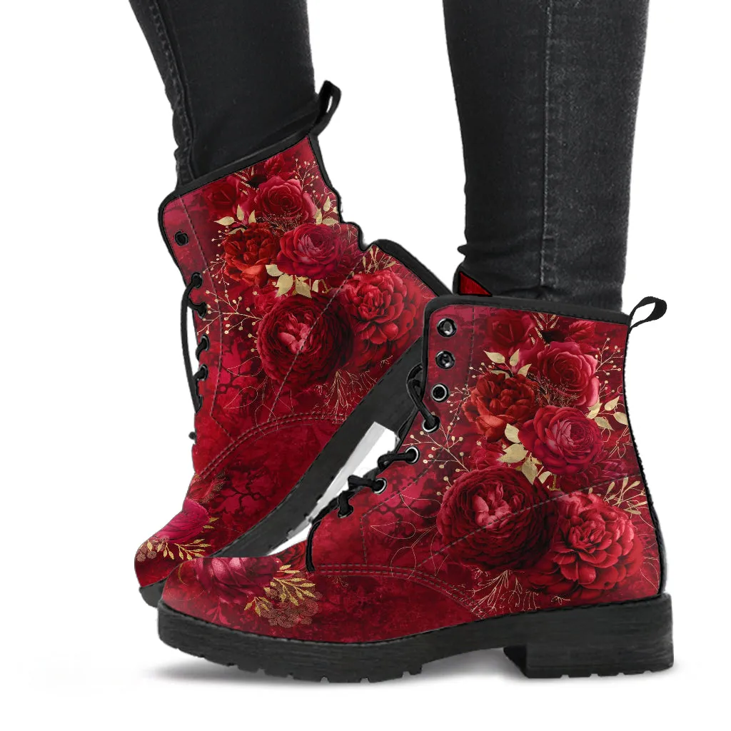 Combat Boots - Beautiful Flowers #113 Grunge Red | Cute Aesthetic Custom Shoes for Women, Wedding Bride Shoes, 90s Boots, Vegan Leather