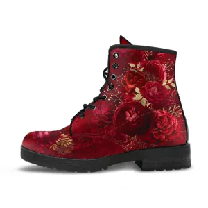 Combat Boots - Beautiful Flowers #113 Grunge Red | Cute Aesthetic Custom Shoes for Women, Wedding Bride Shoes, 90s Boots, Vegan Leather