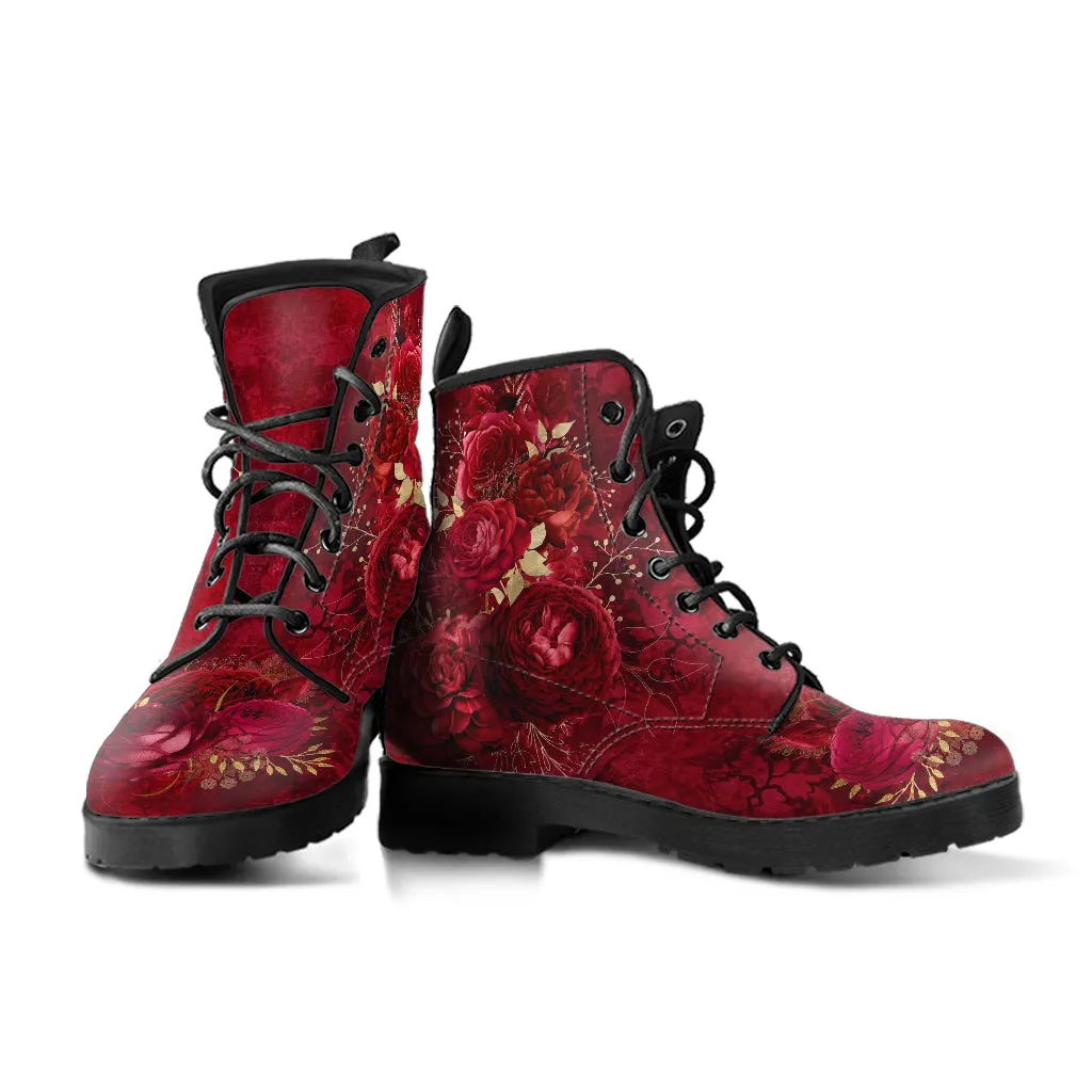 Combat Boots - Beautiful Flowers #113 Grunge Red | Cute Aesthetic Custom Shoes for Women, Wedding Bride Shoes, 90s Boots, Vegan Leather