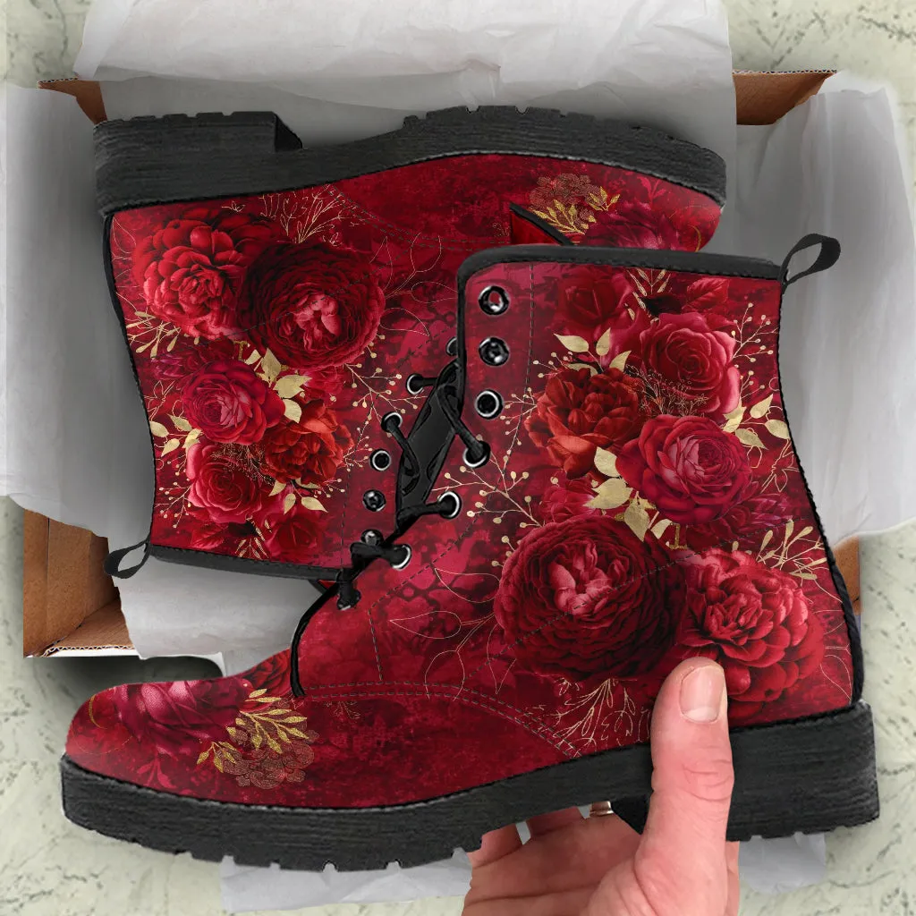 Combat Boots - Beautiful Flowers #113 Grunge Red | Cute Aesthetic Custom Shoes for Women, Wedding Bride Shoes, 90s Boots, Vegan Leather
