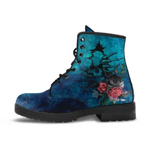 Combat Boots - Goth Shoes #103 Skulls & Flowers, Grunge Blue | Vegan Leather Lace Up Boots, Custom Shoes Boho, Goth Witch Boots, Goth Boots