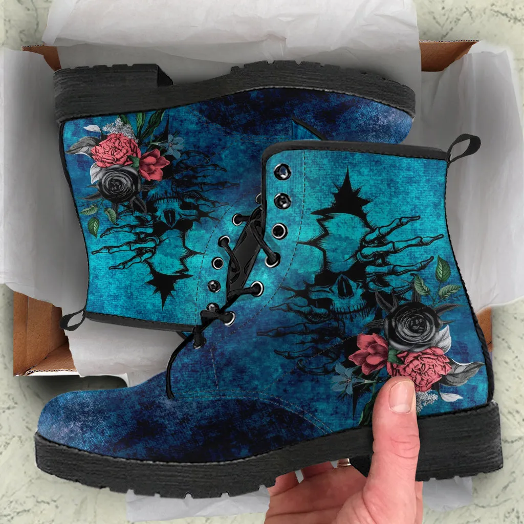 Combat Boots - Goth Shoes #103 Skulls & Flowers, Grunge Blue | Vegan Leather Lace Up Boots, Custom Shoes Boho, Goth Witch Boots, Goth Boots