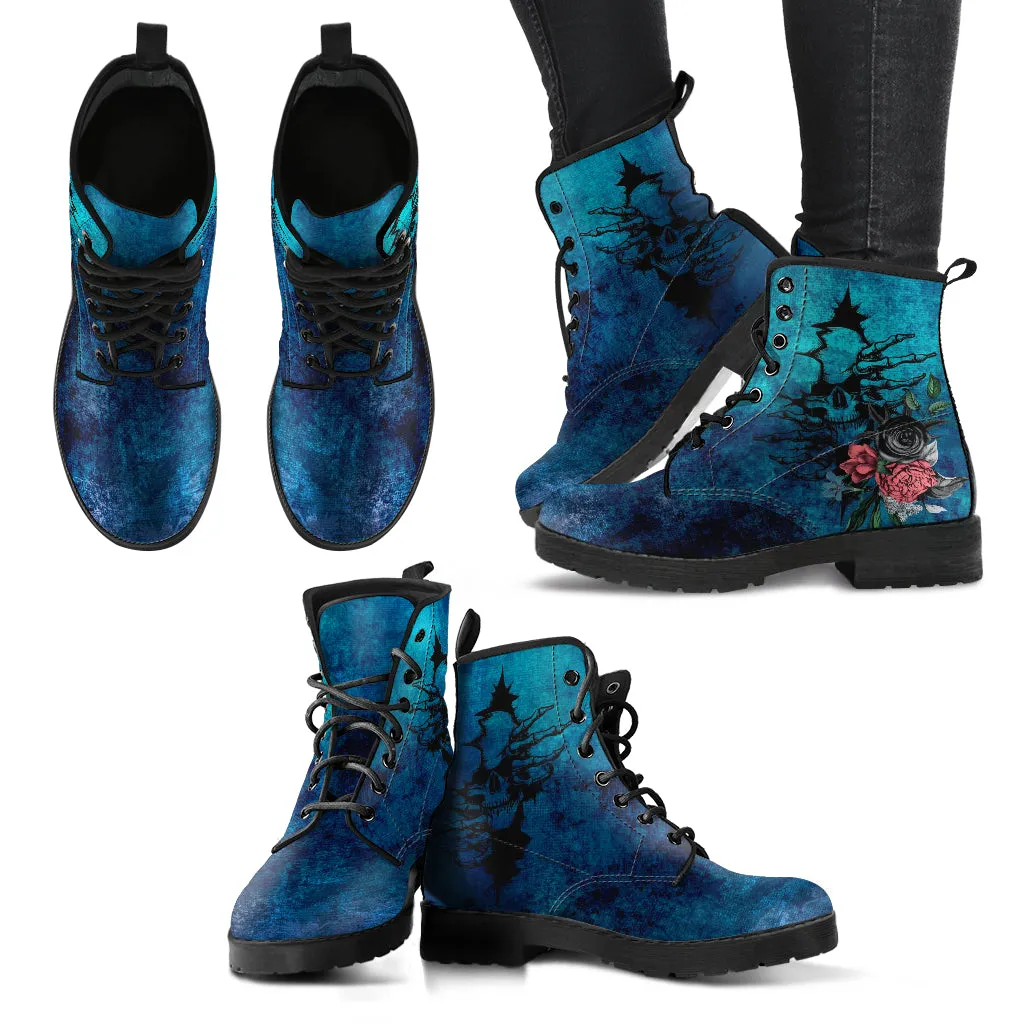 Combat Boots - Goth Shoes #103 Skulls & Flowers, Grunge Blue | Vegan Leather Lace Up Boots, Custom Shoes Boho, Goth Witch Boots, Goth Boots