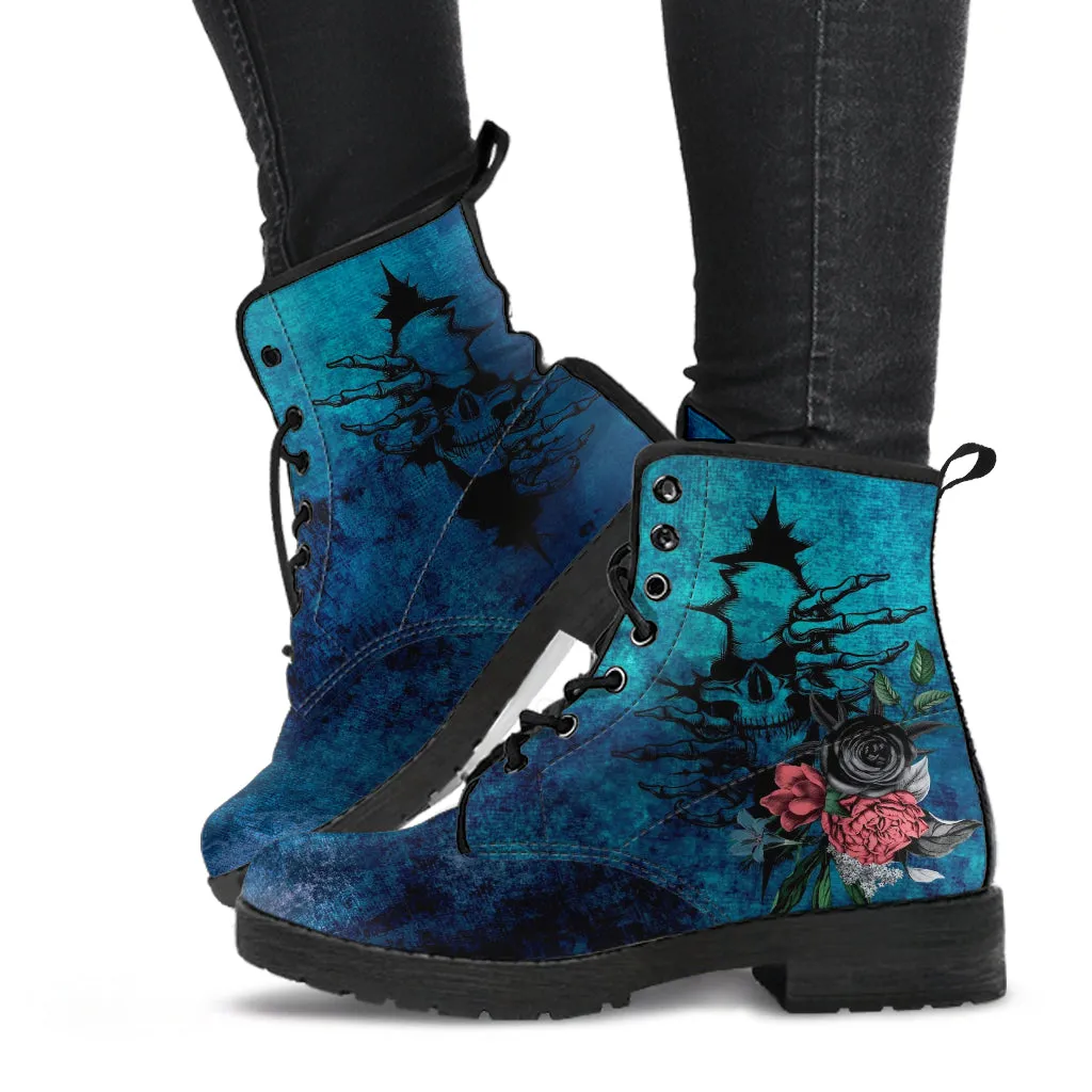 Combat Boots - Goth Shoes #103 Skulls & Flowers, Grunge Blue | Vegan Leather Lace Up Boots, Custom Shoes Boho, Goth Witch Boots, Goth Boots