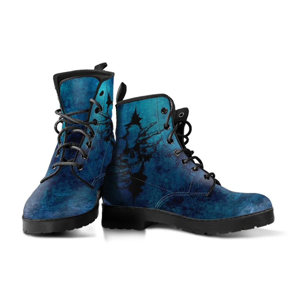 Combat Boots - Goth Shoes #103 Skulls & Flowers, Grunge Blue | Vegan Leather Lace Up Boots, Custom Shoes Boho, Goth Witch Boots, Goth Boots