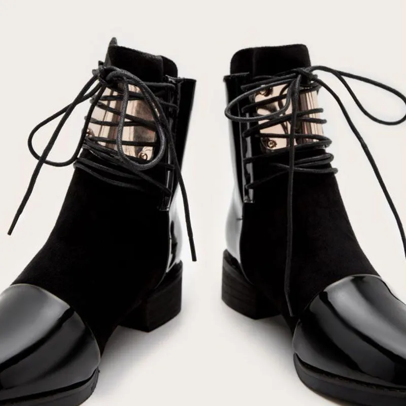 Contrast Panel Metal Trim Lace Up Ankle Boots - Black