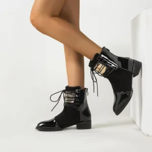 Contrast Panel Metal Trim Lace Up Ankle Boots - Black Contrast Panel Metal Trim Lace Up Ankle Boots - Black